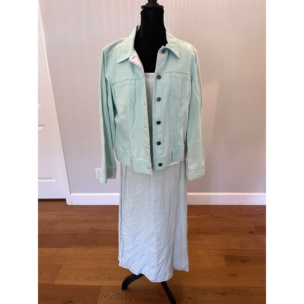 Seafoam Green 3 Piece Skirt Suit Set Linen Jacket Tencel Maxi Skirt Tee Womens M